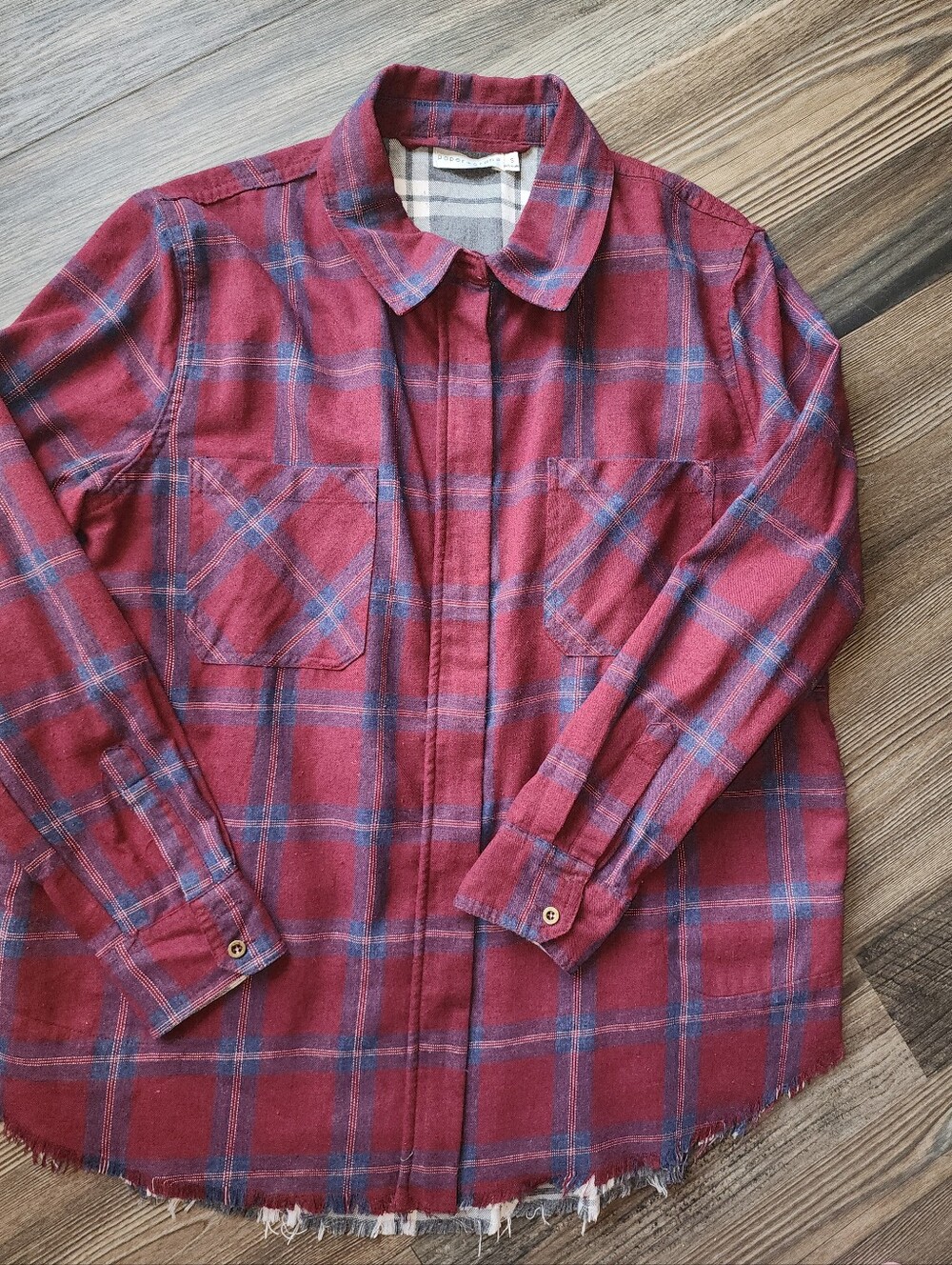 Paper Crane Long Sleeve Full Zip Shacket Flannel Plaid Oversized S Frayed Edge